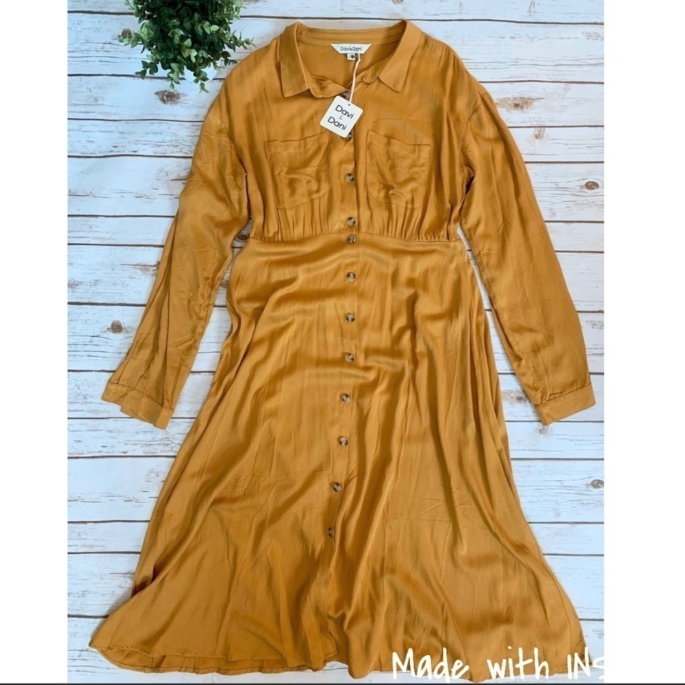 Last 1 Davi & Dani Mustard MIdi Button Down Dress